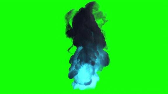 蓝色火焰的火焰火灾图标隔离在绿色背景上带着烟的蓝色魔火