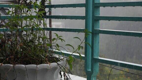 大雨时有水滴从阳台的栏杆上滴下来忧郁