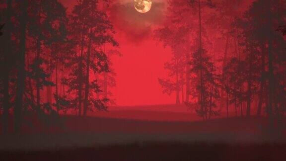 带有红色神秘森林和月亮的夜景