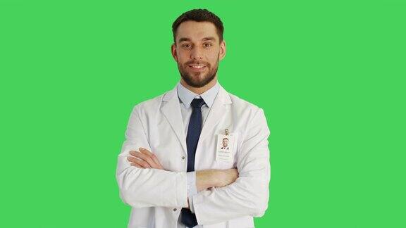 中景一个英俊的医生科学家交叉双臂在胸部拍摄发生与绿色屏幕背景