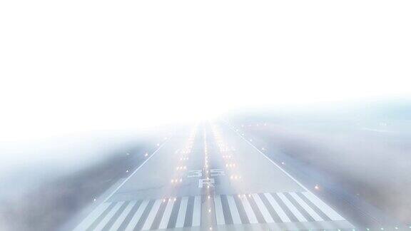 令人难以置信的飞机降落在机场跑道上从驾驶舱看到雾蒙蒙的天空数字艺术概念