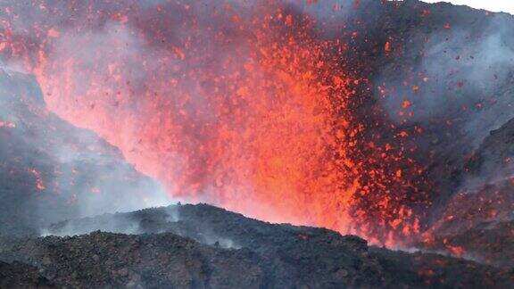 Fimvorduhals火山喷发的特写