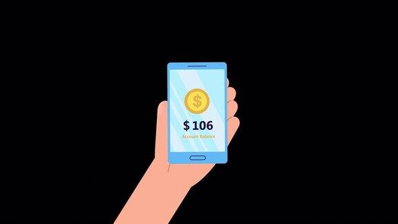 投资概念动画与ALPHA通道手里拿着智能手机手里拿着一枚金币收入增长利润网上投资交易储蓄银行动画视频模板现代卡通风格