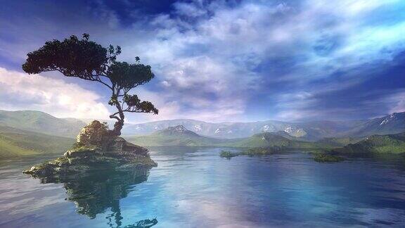 黎明前的山湖有一个岛和一棵树