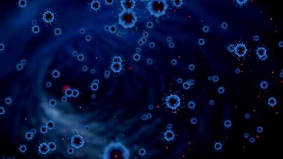 3D渲染动画蓝色冠状病毒细胞covid-19流感流动在抽象的蓝色背景红色细胞作为危险的流感毒株病例作为大流行的医疗健康风险
