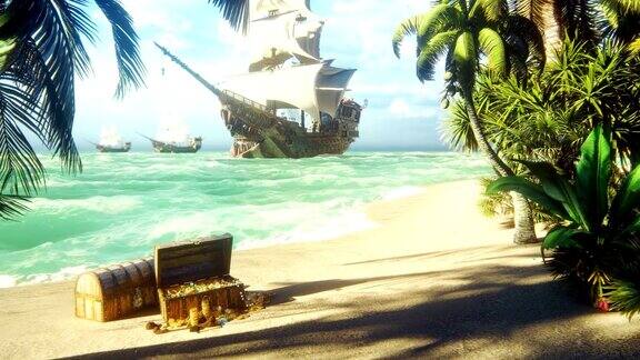 沙滩大海天空云彩棕榈树和一个晴朗的夏日海盗船停泊在岛屿附近海盗岛和装满金子的箱子美丽的毛圈动画