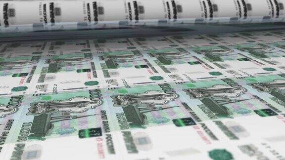 俄罗斯俄罗斯卢布印刷机打印当前1000卢布纸币无缝循环俄罗斯货币背景4K焦点深度