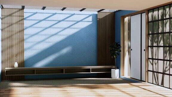 橱柜电视木制日本设计在蓝色房间最小的内部三维渲染