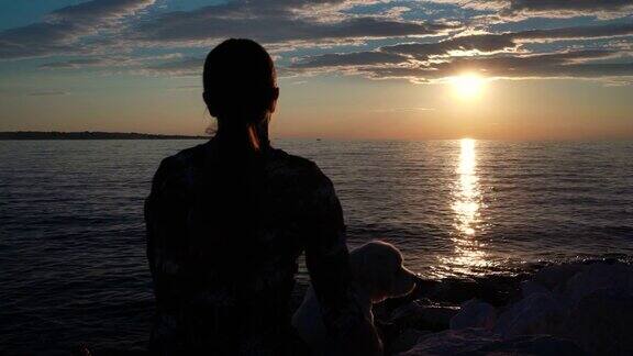 成年妇女坐在海岸线上和她的狗一起看日落