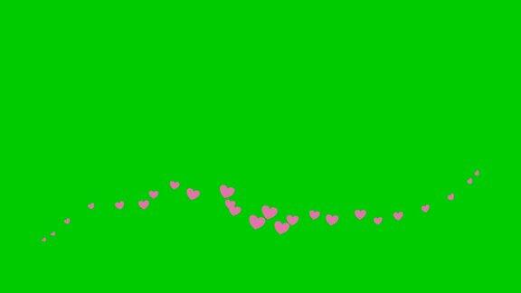 动画粉色心形从左向右飞行一波飞舞的心矢量插图孤立在绿色背景上