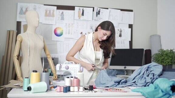 女性时装设计师切割一块布使新衣服收集