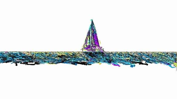 帆船航行的数字彩色素描动画风格化艺术的人工智能概念