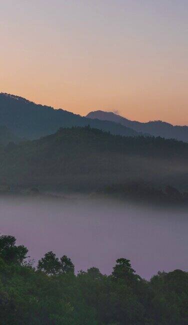 日出时山谷中垂直时间流逝的雾
