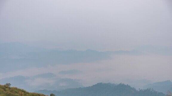 雾在早上在雨林山脉上滚动时间流逝视频