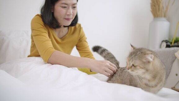 亚洲女人在卧室里玩猫