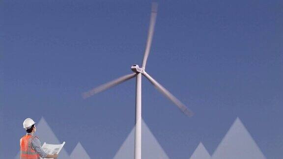 风力涡轮机转动和一个工程师阅读计划和白色箭头指向上的动画