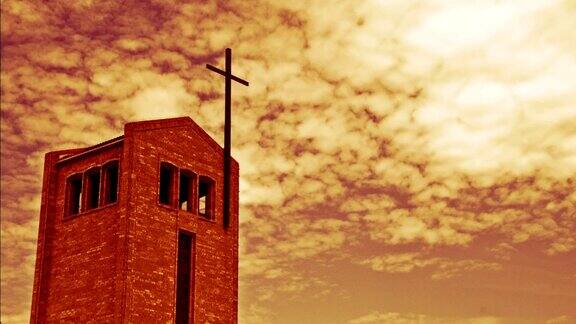 一间基督教教堂的时间流逝映衬着红云密布的天空