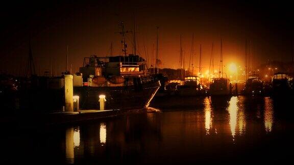 夜晚港口里的船只