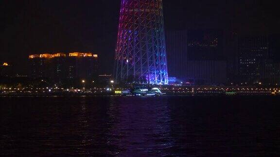 夜景时间照明广州市著名滨江交通湾塔全景4k中国