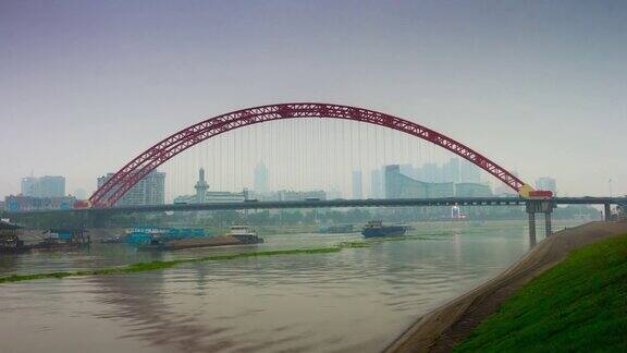 雨天武汉著名的青川大桥滨河湾全景4k时间流逝中国
