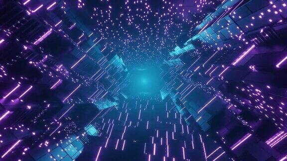 带有金属结构和霓虹灯的未来隧道抽象的背景3d循环动画