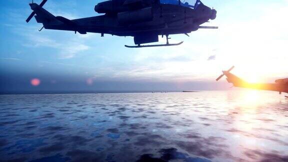 军用直升机清晨从航空母舰上起飞