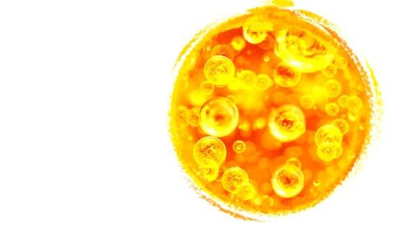 白色背景上的金色气泡与大的和小的金色气泡内的金色液体项目油蜂蜜啤酒果汁或其他变种