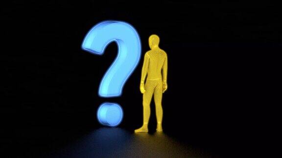 霓虹黄色抽象男人站在蓝色霓虹问号附近心理健康三维动画