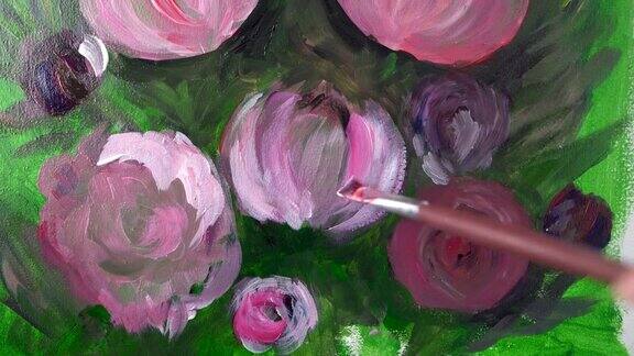 画家用丙烯颜料画出美丽的花朵牡丹