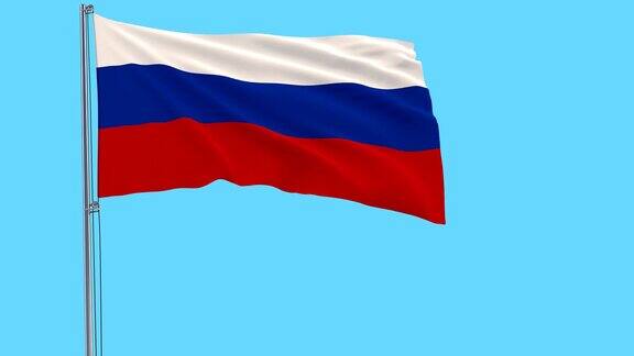 在透明的背景下一根旗杆上的俄罗斯联邦国旗在风中飘扬