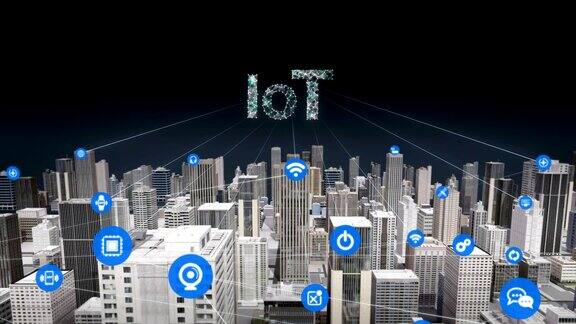 智慧城市上各种事物传感器图标连接“物联网”技术真正的建筑