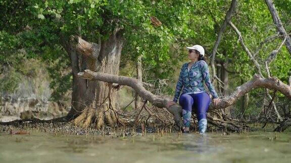 亚洲年轻女子身穿泳装头戴白色帽子坐在红树林的圆木上感受放松、放纵、冒险之旅