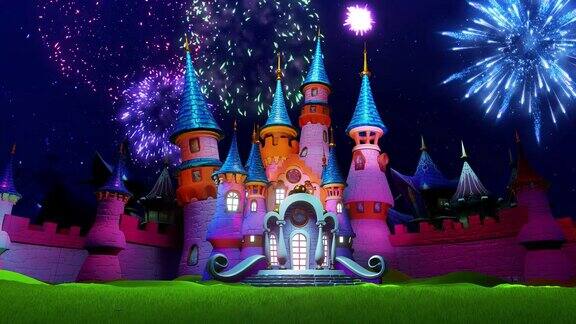 奇幻城堡和烟花在3D动画