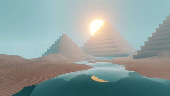 抽象多边形沙丘和金字塔景观天空与日落3d渲染插图用于设计的背景图案