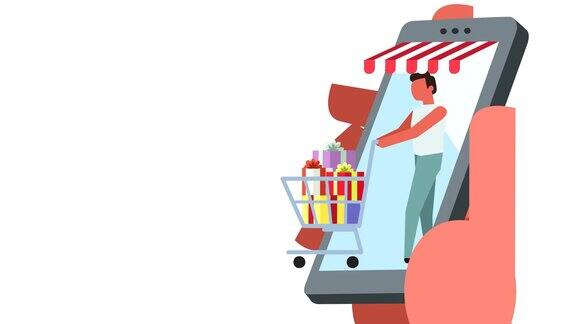 StickFigure彩色象形图ManCharacter购物概念与购物车