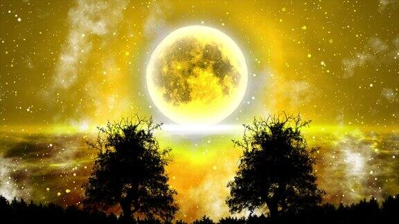 幻想之夜满月背景上的两棵树的剪影