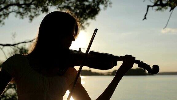 小提琴家在湖边拉小提琴