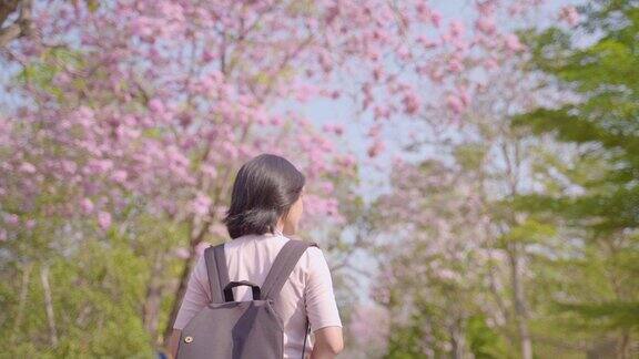 快乐的亚洲女游客在春花公园散步在假日旅游中拍照休闲活动
