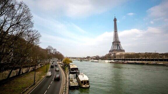 高清时光流逝:法国塞纳河沿岸的巴黎埃菲尔铁塔