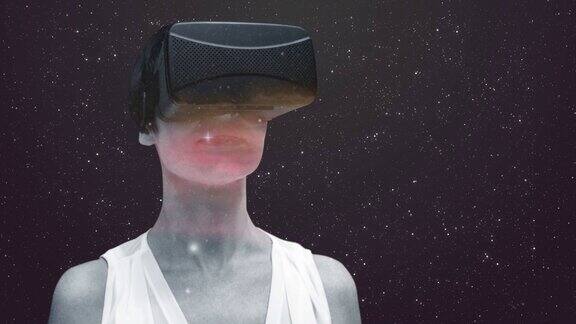 在星星闪烁的背景下使用VR头盔的女性上方的空间