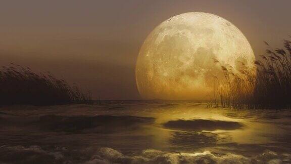 日落时月亮出现在海平线上