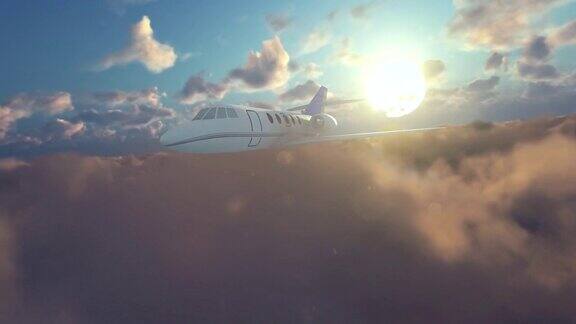 日出时塞斯纳飞机在云层上空飞行