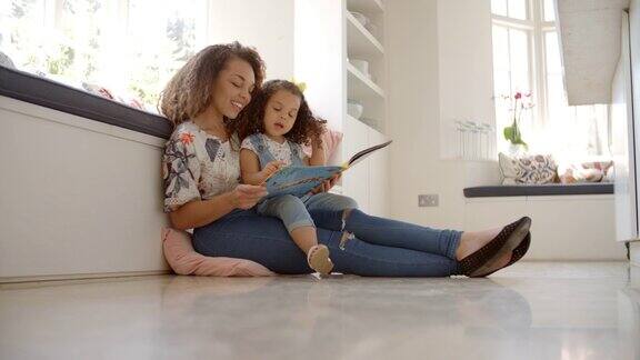母亲和女儿坐在地板上看书