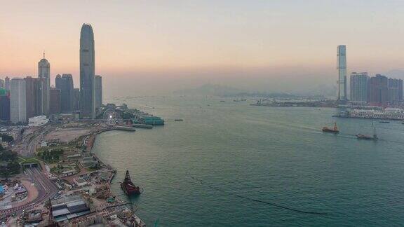 中国日落天空香港城市屋顶湾著名的全景4k时间推移