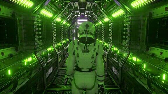 宇航员行走在宇宙飞船隧道科幻航天飞机走廊未来的抽象的技术技术和未来概念闪光三维动画