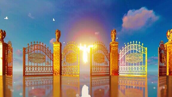 金色的天堂之门打开映出了发光的天使和飞翔的白鸽