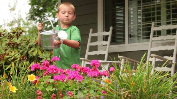 小男孩浇花