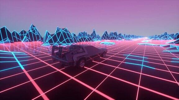 复古的未来派80年代风格的科幻汽车背景无缝循环3d视频动画