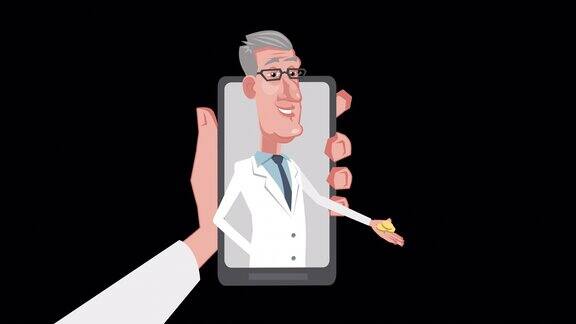 卡通男性老年花白头发的医生角色拿着钱硬币在他的手中从在线智能手机动画与alpha频道