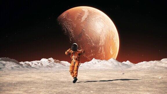 外星表面的快乐男宇航员可见红色星球